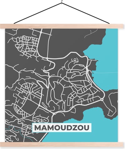 Posterhanger incl. Poster 40x40 cm - Schoolplaat - Mamoudzou - Frankrijk - Stadskaart - Kaart - Plattegrond - Textielposter - Blanke latten - Stadskaart