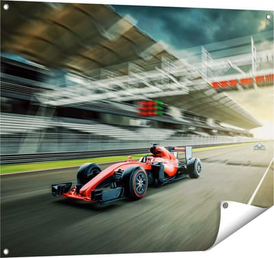Gards Tuinposter Formule 1 Auto bij de Finish in het Rood - 100x80 cm - Tuindoek - Tuindecoratie - Wanddecoratie buiten - Tuinschilderij