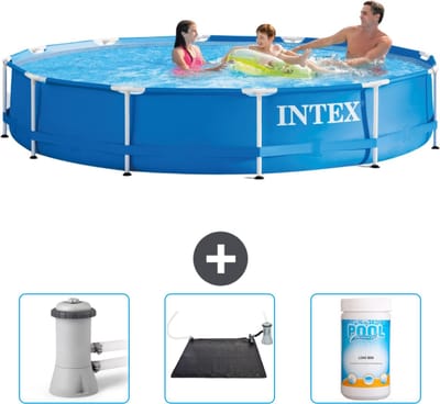 Intex Rond Frame Zwembad - 366 x 76 cm - Blauw - Inclusief Zwembadfilterpomp - Solar Mat - Chloor