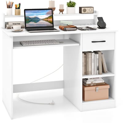COSTWAY Bureau met laadstation, toetsenbordplank, lade en verstelbare plank, kleine computertafel, moderne bureautafel, pc-tafel voor slaapkamer, werkkamer, kantoor, wit, 105 x 55 x 89 cm