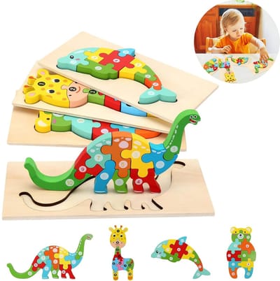 4 Stuks Houten Dierenpuzzels voor Peuters 1-3 jaar - Montessori Educatief Speelgoed met Hert, Dolfijn, Dinosaurus en Beer (22.5x11.5 cm)