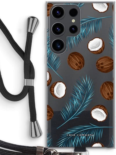 Case Company® - Hoesje met koord geschikt voor Samsung Galaxy S23 Ultra hoesje met Koord - Kokosnoot - Telefoonhoesje met Zwart Koord - Bescherming aan alle Kanten en Over de Schermrand