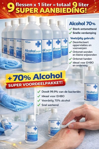 9 FLESSEN ALCHOL 70º (1 LIT / FLES = TOTAL 9 LITER) VOOR STERILISATIE / DESINFECTIE (1 LITER PER FLES) + 20 STERLIELE GAASJES
