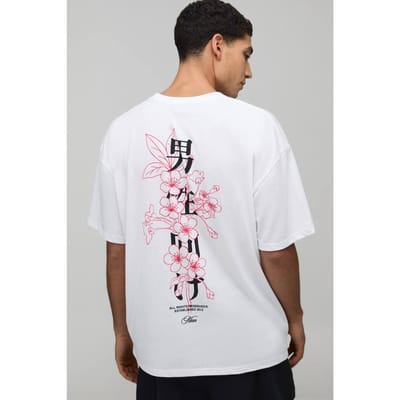 Wit Oversized Bloemen Ruggengraat Print T-Shirt | White | Size Small