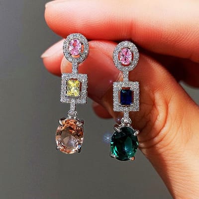 Luxe Lange Hangende Damesoorbellen Met Aaa Zirkoon Vintage Zilverkleur Bruiloftsoorbellen Voor Vrouwen Roze Blauw Groen Stenen Oorbellen red