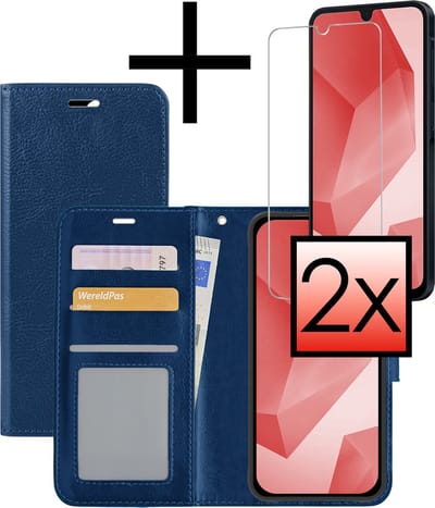 Hoesje - Met 2x Screenprotector - Geschikt voor Samsung Galaxy A16 - Luxe Pasjeshouder - Bookcase Portemonee - Flip Case - Kunstleer Book Case - Flipcase Hoes - Book Cover - Walletcase - Portemonneehoes - Donkerblauw