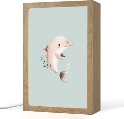 Nachtlampje 20x30 cm - Kinder lampje - Dolfijn - Zeewier - Grijs - Tafellamp kinderkamer - Slaapkamer lamp - Bedlamp kinderen - Kinderlampje stopcontact - Wandlamp babykamer - Nachtlampjes