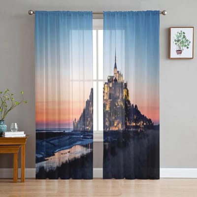 Mont Saint Michel Frankrijk Transparant Gordijn Voor Woonkamer Slaapkamer Voile Gordijnen Voor Raam Organza Gordijnen Feest Tule Draperieën 135W x 114H(cm) gray