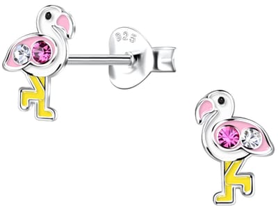 Joy|S - Zilveren flamingo oorbellen - 8 x 5 mm - wit roze en geel - kristal - kinderoorbellen - vogel