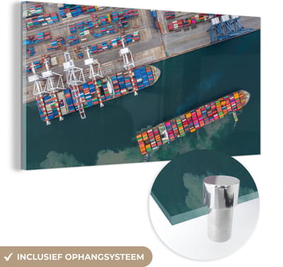 MuchoWow® Glasschilderij 40x20 cm - Schilderij acrylglas - Rotterdam - Haven - Schip - Foto op glas - Schilderijen