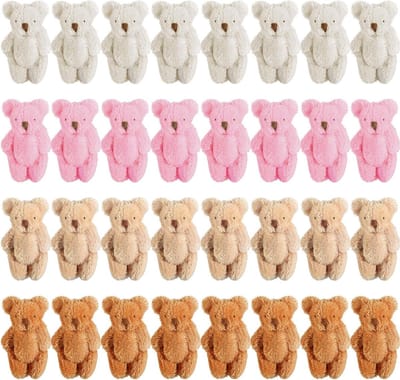 Mini Pluche Beer Speelgoed 6.3 cm, Schattige Knuffelberen met Beweegbare Poten, Perfect voor Taartdecoratie, Bruiloften en Feestjes, 4 Kleuren, 32 Stuks