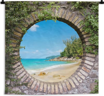 Wandkleed - Wanddoek - Strand - Zee - Doorkijk - Zomer - 180x180 cm - Wandtapijt