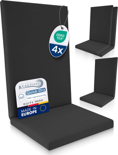 Beautissu QD-HL – Set van 4 Premium Tuinstoelkussens Hoge Rug 122x48 cm – 100% Waterdicht – Weerbestendig – Sneldrogend – UV-bestendig – Antraciet