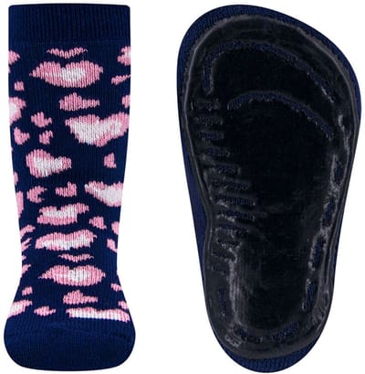 Antislipsokken Ewers Kindermaat - Donkerblauw met Luipaardvlek Hartvormig Design Roze & Creme- Siliconenzool-18/19