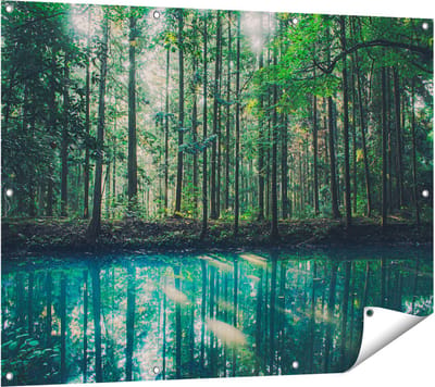 Gards Tuinposter Bos bij een Groen Meer - 120x90 cm - Tuindoek - Tuindecoratie - Wanddecoratie buiten - Tuinschilderij