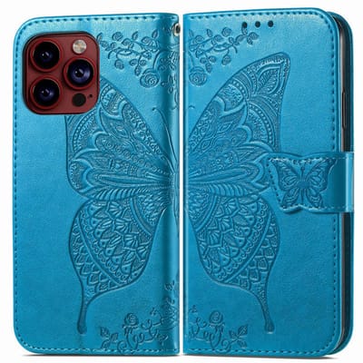 YPCd Bookcase geschikt voor Apple iPhone 15 Pro Max - Vlinder Design - Portemonnee / Wallet Hoesje - Blauw