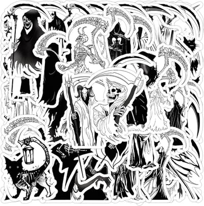 Coole Sticker pack met Magere Hein - 50 stuks - Zwart/Wit - Stickers leuk voor Halloween - De Dood met Zeis/Zwart Kat
