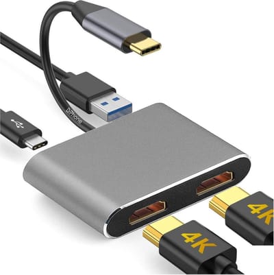 DrPhone PD10 - USB-C naar HDMI Adapter (2x HDMI) 1080P/ 4K 30Hz - USB 3.0-poort & Type C PD (power delivery Laden) - Tot 2 schermen aansluiten
