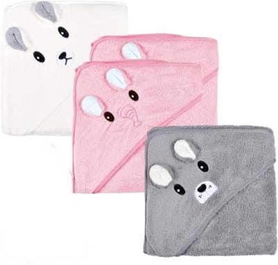 SnelShoppen - Funmo Badcape voor baby's, jongens - 3 stuks, zachte badhanddoek met sterk absorptievermogen, 80 x 80 cm, hoogwaardig koraalpluche, roze