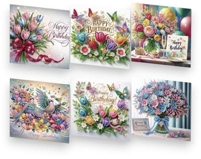 6 Diamond Painting Verjaardagskaarten - 15x15cm - Verjaardagskaarten kaarten met enveloppen - Diamond painting complete set