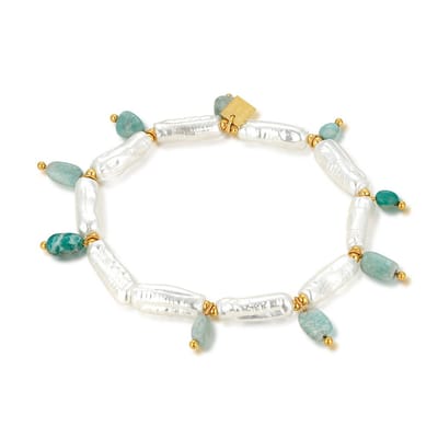 Twice As Nice Armband in high fashion, zoetwaterparels en groene stenen High Fashion 18cm