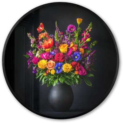 Poster in lijst Rond - Fotolijst 60x60 cm - Posters - Felgekleurd - Bloemen - Vaas - Ronde posterlijst zwart - Decoratie - Wanddecoratie woonkamer - Muurdecoratie slaapkamer