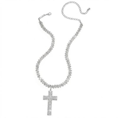 Zilverkleurige ketting met strass en kruisvormige hanger – ketting voor dames – tennisarmband-stijl ketting met godsdienst hanger