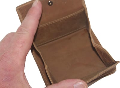 OI Hunter bruine leren Billfold compact met Wiener schachtel / kleine afsluitbare portemonnee met vierkant muntvakje / beursje met vierkant vouwbakje voor muntgeld / anti skim / bruin / 168H
