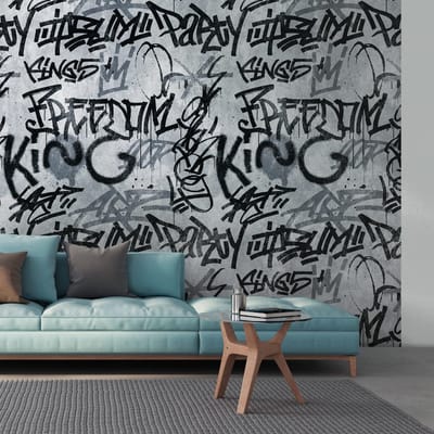 Fotobehang Profhome 382511-GU vliesbehang hardvinyl warmdruk in reliëf glad graffiti mat grijs zwart 1,59 m x 2,8 m