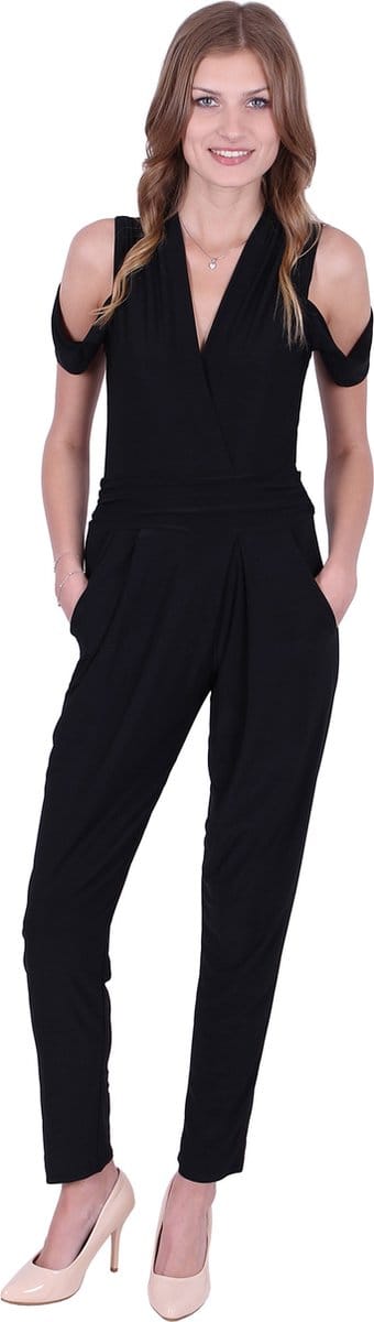 Zwarte jumpsuit, blote schouders in een zeer elegante stijl - John Zack / S