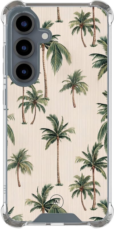Hoesje (shockproof) geschikt voor Samsung Galaxy S25 - Palmbomen print - Extra sterke case - TPU/polycarbonaat - Tekst - Beige, Transparant
