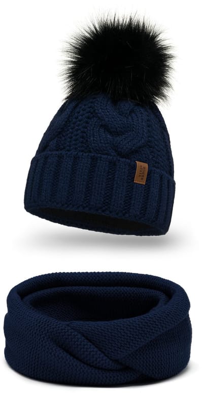 Vivisence Dames Winter Muts En Colsjaal Set - Zachte Breisteek Met Eco Bont Pompon En Fleece Voering Dubbel Geslagen Colsjaal 72x2x40 cm - Warm Op Koude Dagen - Donkerblauw