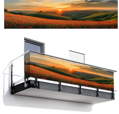 Balkonscherm 500x120 cm - Balkonposter Klaprozen - Bloemen - Heuvels - Zonsondergang - Balkon scherm decoratie - Balkonschermen - Balkondoek zonnescherm