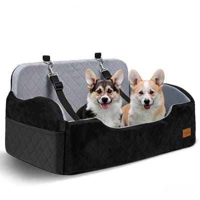 Dailygoods- Hondenautostoeltje tot 25 kg - Verstelbare veiligheidslijnen - Hondenbed voor 2 kleine honden - Afneembaar en wasbaar - 2 Opbergzakken - Zwart - Hondenstoel