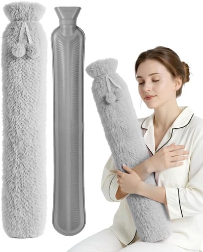Extra lange 2L kruik met superzachte fleece hoes, duurzaam natuurrubber, langdurige warmte voor nek, rug en lichaam, wintercomfort - grijs