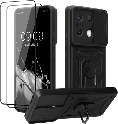 kwmobile Hoes voor Xiaomi Redmi Note 13 Pro 5G / Poco X6 5G Case – Smartphonehoesje met 2 beschermfolies – Camera-afdekking en ringhouder – Robuuste cover in zwart