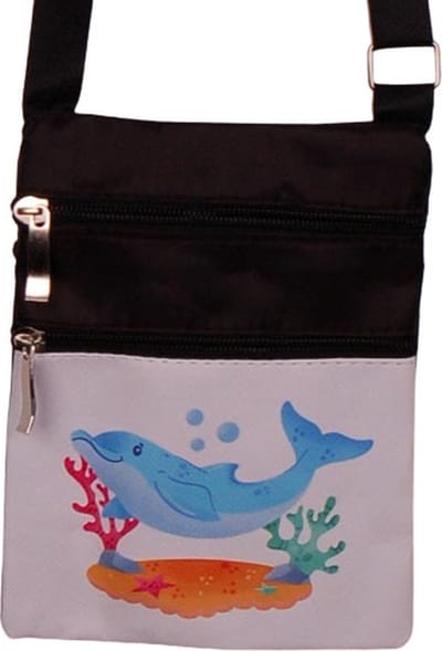 Schoudertasje - Dolfijn Geanimeerd Zwemmend Onderwater Zeebodem - Koraal & Zeesterren - Zwart - Verstelbaar - 19x14,5cm