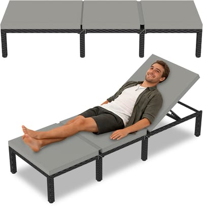 Soontrans - Ligbed Buiten - Ligstoel Met Kussen 5 Standen - Tuin Ligbed Afneembaar kussen - Loungebed 190x65x35cm - Metalen frame - Wicker Zwart - Inclusief kussen Grijs