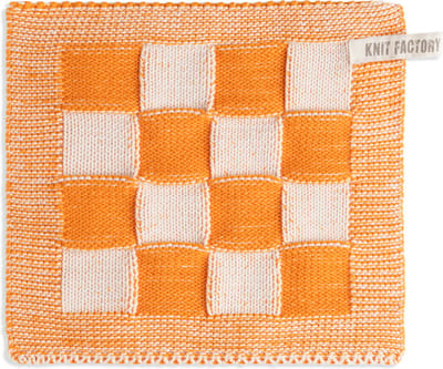 Knit Factory Gebreide Pannenlap Block - Pannenlappen gemaakt van 50% katoen & 50% acryl - Blokken motief - Traditionele look - 1 stuk - Ecru/Orange - Oranje - 23x23 cm