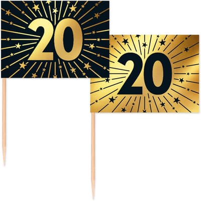 50 Vlagprikkers goud / zwart 20 jaar - Golden Celebrations - Hapjes Cocktailprikkers Tapas Prikkers Feestje