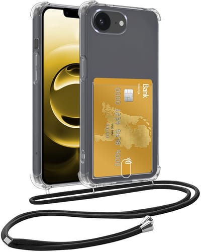 Hoesje Geschikt voor iPhone 16e Telefoonhoesje Met Koord Case Pashouder Siliconen - Hoes Geschikt voor iPhone 16e Hoesje Met Kaarthouder - Transparant
