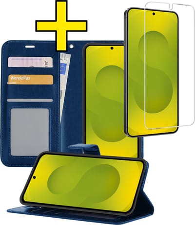 Hoesje - Met Screenprotector - Geschikt voor Samsung Galaxy S25 - Luxe Pasjeshouder - Bookcase Portemonee - Flip Case - Kunstleer Book Case - Flipcase - Book Cover - Walletcase - Portemonneehoes - Telefoonhoesjes - Donkerblauw