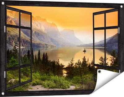 Gards Tuinposter Doorkijk Bergen met een Meer in Nationaal Park Glacier - 90x60 cm - Tuindoek - Tuindecoratie - Wanddecoratie buiten - Tuinschilderij