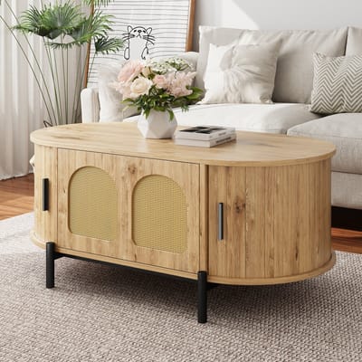 HAUSS SPOLE Salontafel - Ovale Vorm Met Rotan Schuifdeuren En Opbergruimte - Voor Woonkamer - MDF En Metaal - 100x50x40 Cm