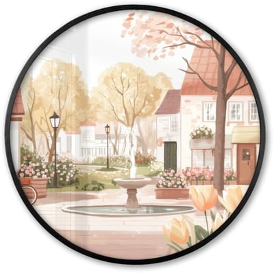 Poster in lijst Rond - Fotolijst 60x60 cm - Posters - Dorpsplein - Fontein - Tulpen - Ronde posterlijst zwart - Decoratie - Wanddecoratie woonkamer - Muurdecoratie slaapkamer