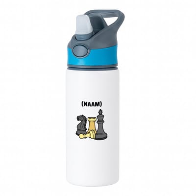 Hacebo® - Schaken met eigen naam waterfles met rietje blauw - Schaken - Schaker - Denksport - water fles - 650ML