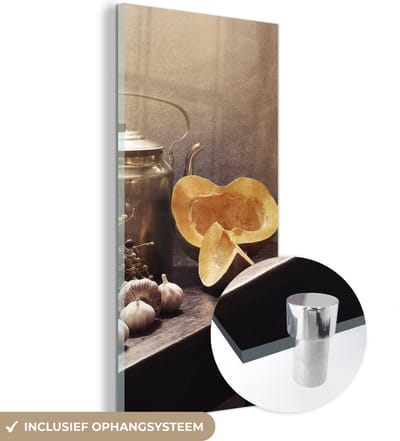 MuchoWow® Glasschilderij 80x160 cm - Schilderij acrylglas - Stilleven - Pompoen - Knoflook - Pan - Tafel - Foto op glas - Muurdecoratie woonkamer - Wanddecoratie slaapkamer - Schilderijen