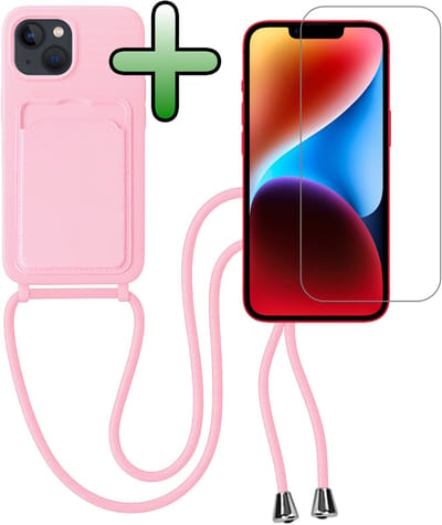 Hoes Geschikt voor iPhone 13 Hoesje Pas Houder Case Hoes Met Koord Met Screenprotector - Hoesje Geschikt voor iPhone 13 Hoes Met Telefoonkoord Pasjeshouder Cover - Lichtroze