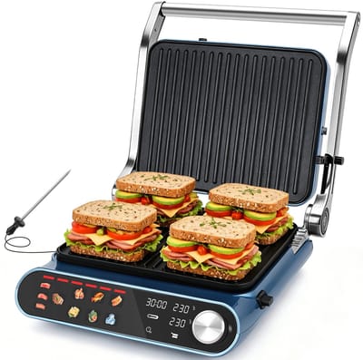 Taylor Swoden Contactgrill - Tosti apparaat - Dubbele Temperatuurregeling - Tosti ijzer - 2000W - Panini Grill met Touchscreen en Draaiknop - 180° Uitklapbaar - Temperatuursonde - Instelbare Hoogte