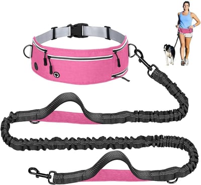 Hardloopriem hond - Anti-sprint heupgordel hond - Hondenriem flexi - Verstelbare heupband met zakken, waterfleshouder, reflecterend elastisch koord en dubbele handvatten - geschikt voor hardlopen, wandelen en trailrunning - roze